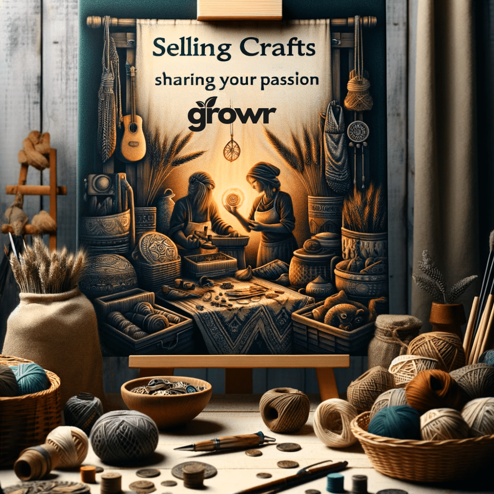 Crafting workshop poster, yarn baskets, and tools displayed. Sell crafts 2024 on GROWR