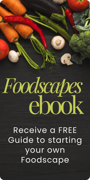 Free Foodscapes eBook ad with vegetables on dark background.