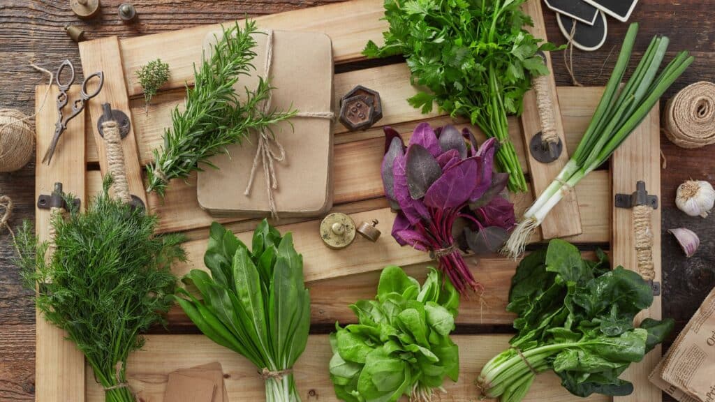 Fresh garden herbs and vintage gardening tools on wood